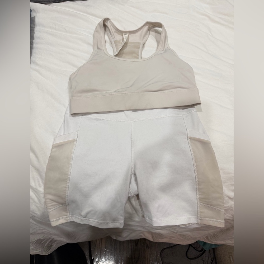 Fabletics Beige and White Sports Bra and Shorts Set